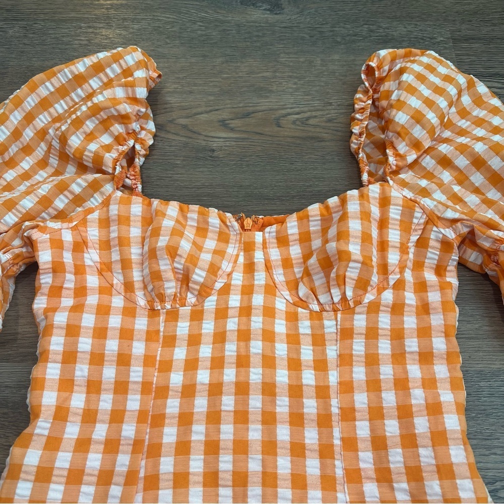 Orange Gingham Puff Sleeve Mini Dress Size Small Sweetheart Neck Boho Summer - Picture 4 of 9